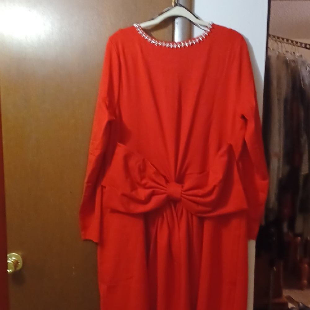 Eloquii Red Long Sleeve Dress with Embellished Neckline - Picture 7 of 10